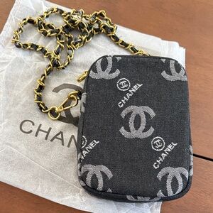 CHANEL Black Logo Canvas Chain Crossbody Pouch